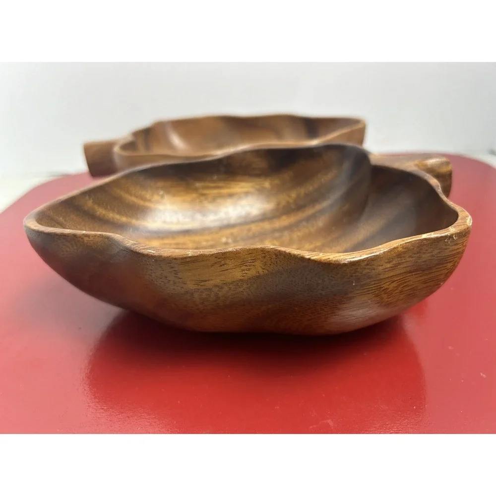 2‎ Vintage Monkey Pod Wood Leaf  Snack Bowl Trinket Dish Tiki Set Philippines